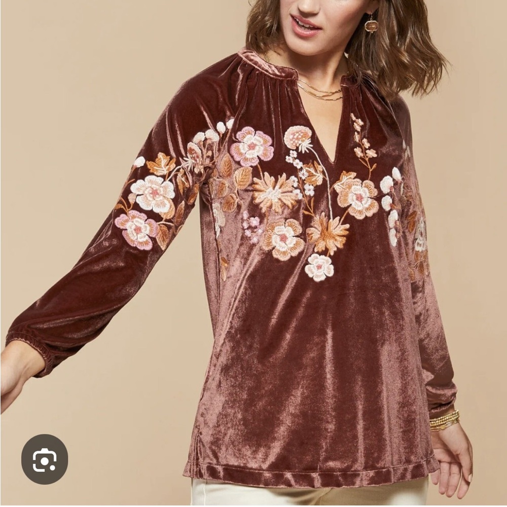 Spartina 449 Floral Embroidered Velvet Top Rust Size Medium